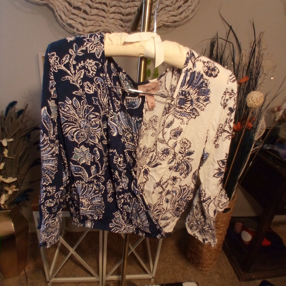Willow root  Blue and White Floral Wrap Blouse